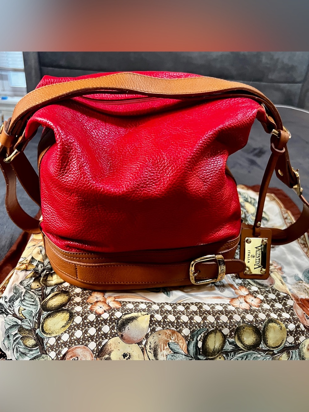 Valentina Italian Red Tan Pebbled Leather Slouchy Convertible Bucket Satchel Bag